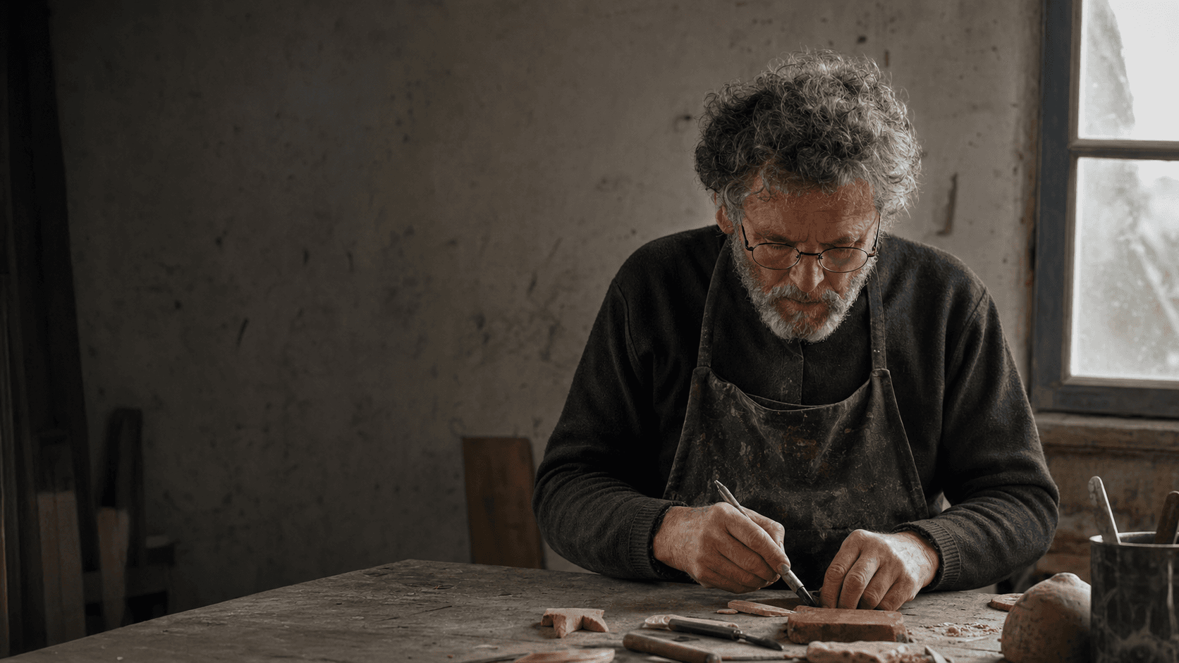 A craftsperson working carefully by natural window light
